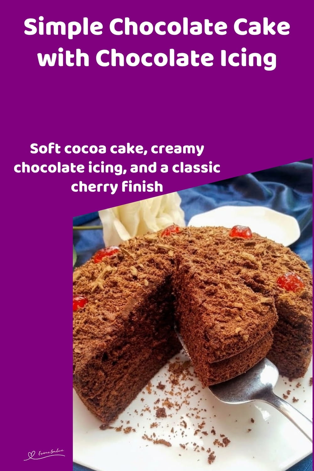 An image of a round Chocolate Cake with chocolate icing, flakes, and cherries