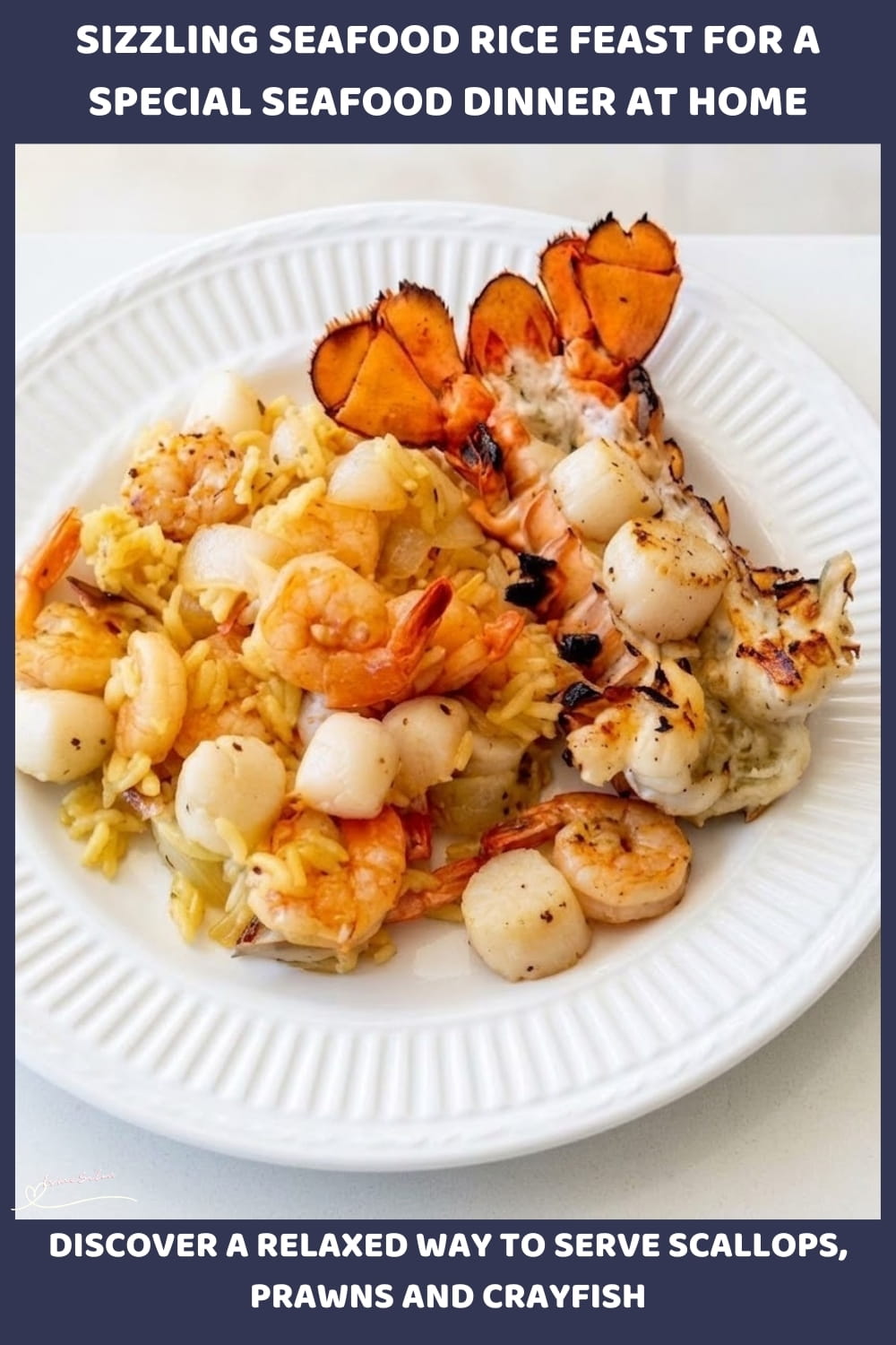 An image of Sizzling Seafood Rice Feast with scallops, prawns, and crayfish tails