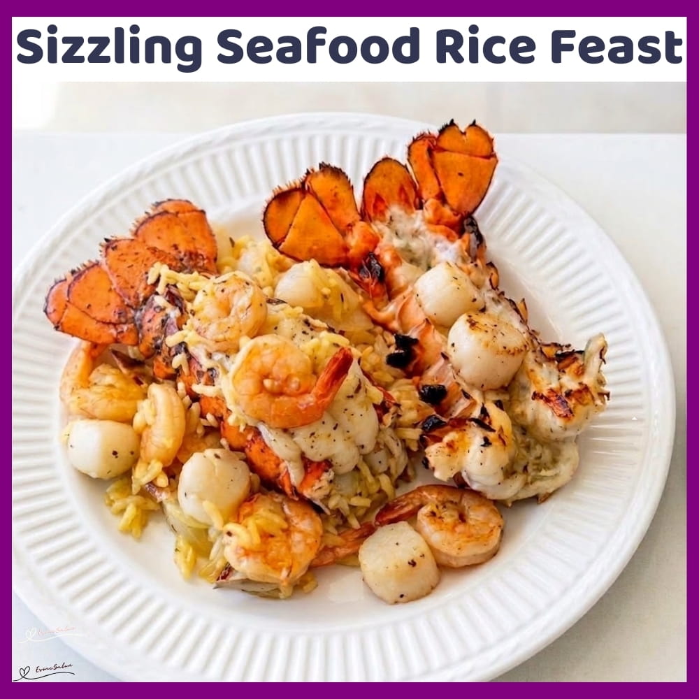 An image of Sizzling Seafood Rice Feast with scallops, prawns, and crayfish tails