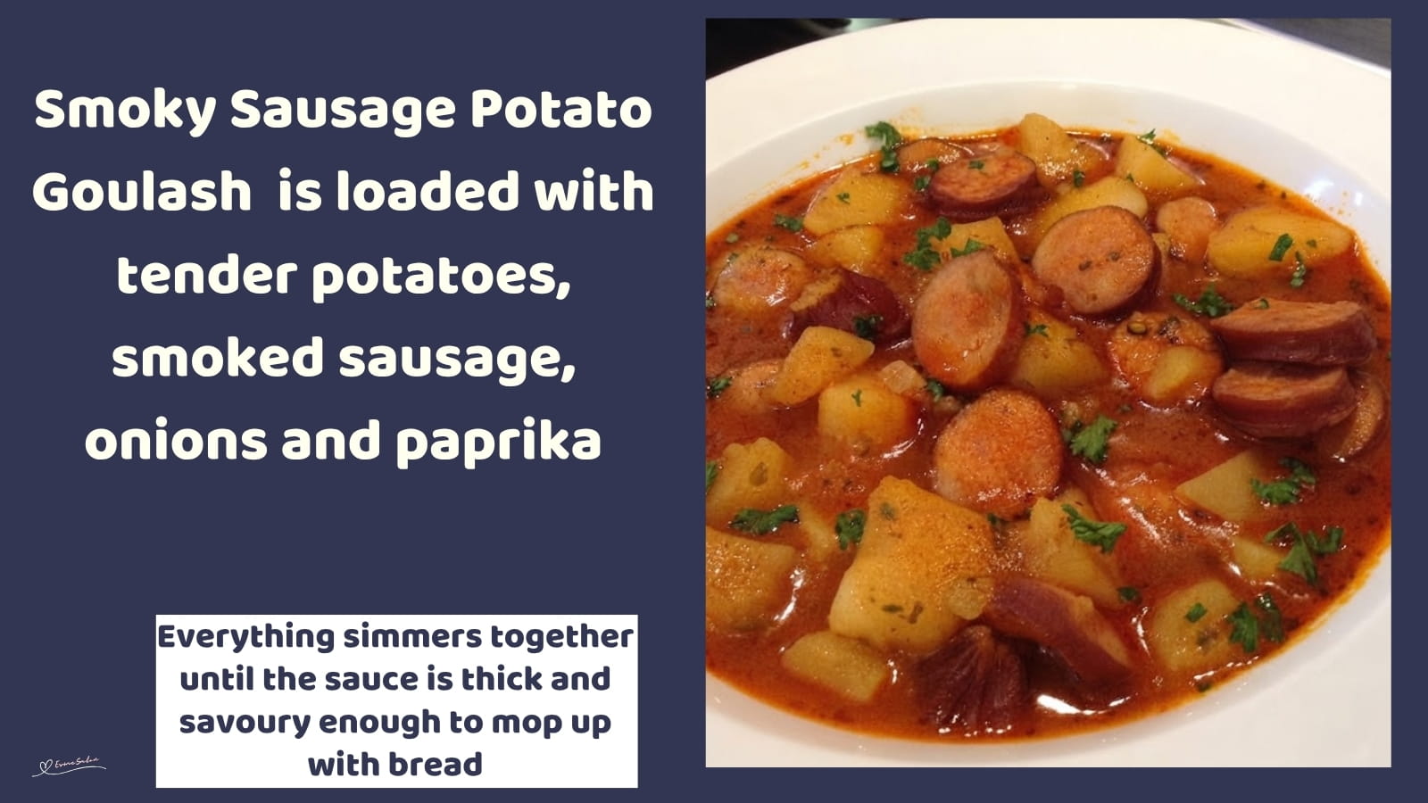 An image of a plate with Sausage Potato Goulash, with smoked Russian sausage and onions