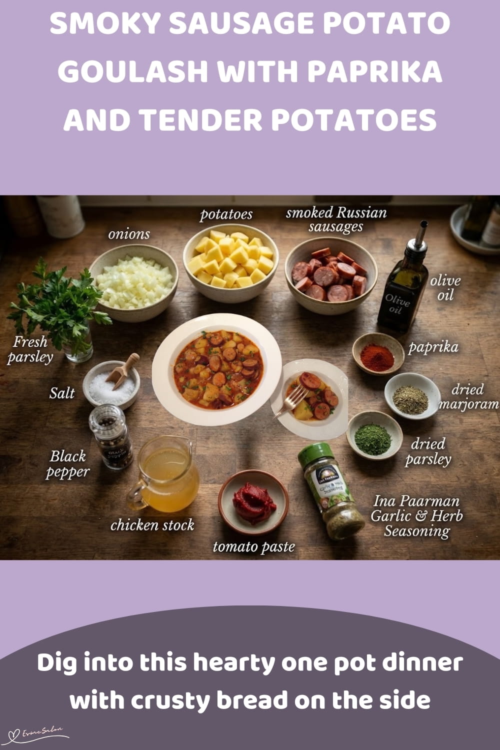 An image of a plate with Sausage Potato Goulash, with smoked Russian sausage and onions