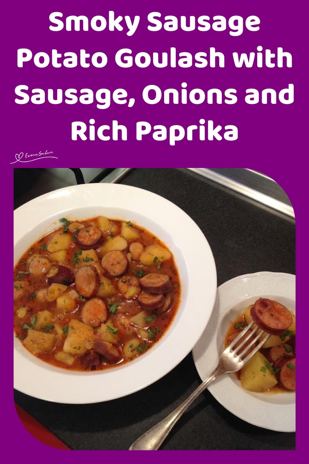 An image of a plate with Sausage Potato Goulash, with smoked Russian sausage and onions