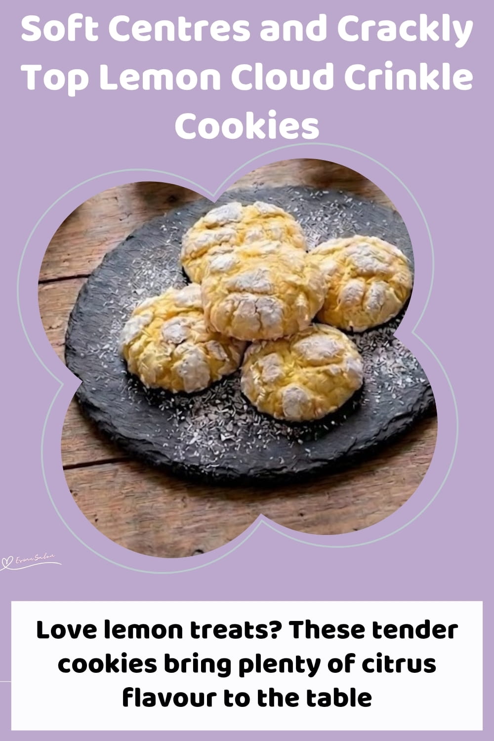 An image of a platter of Lemon Cloud Crinkle Cookies with confectioners' sugar tops