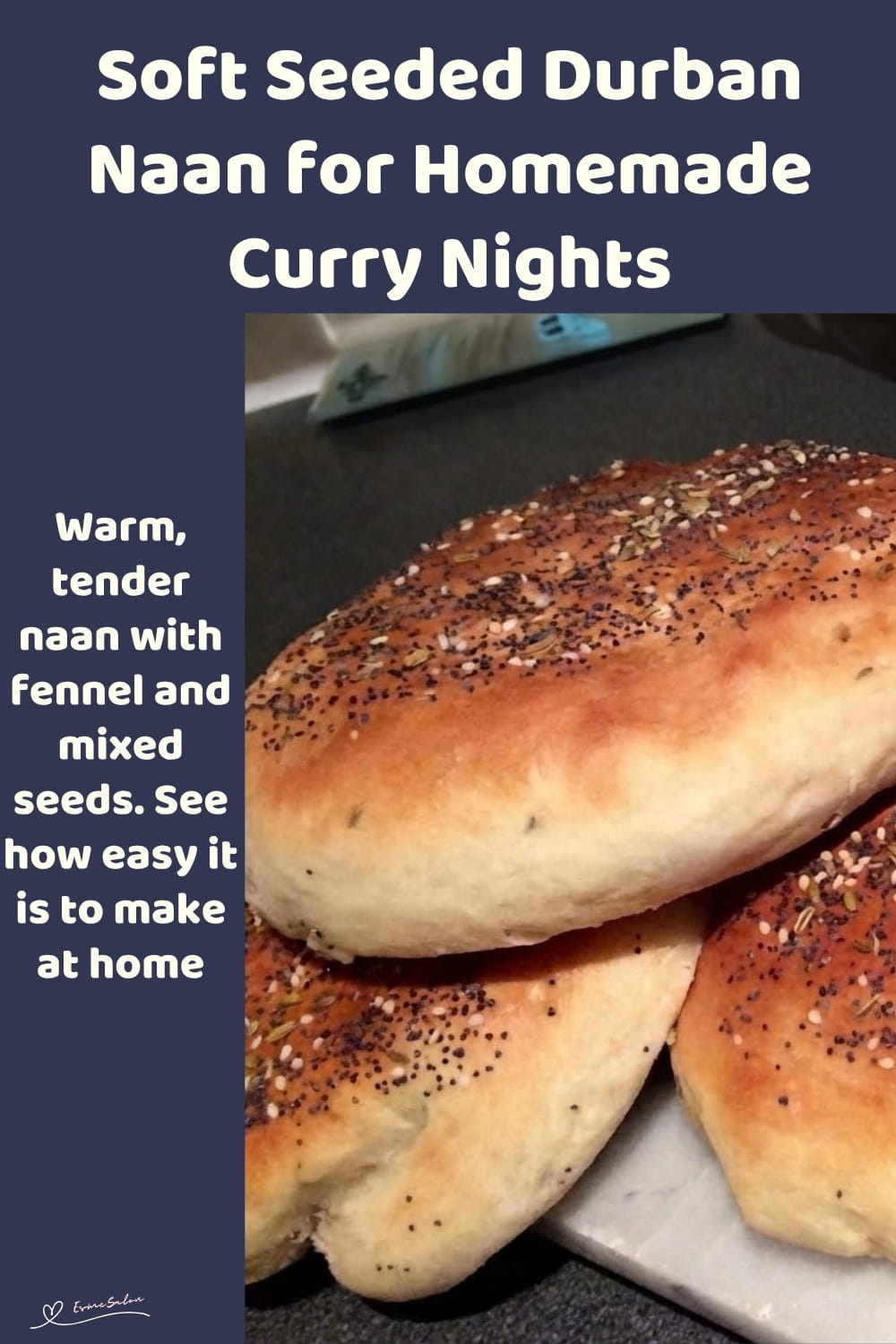An image of 3 soft, poppy, sesame and fennel seed Durban Naan