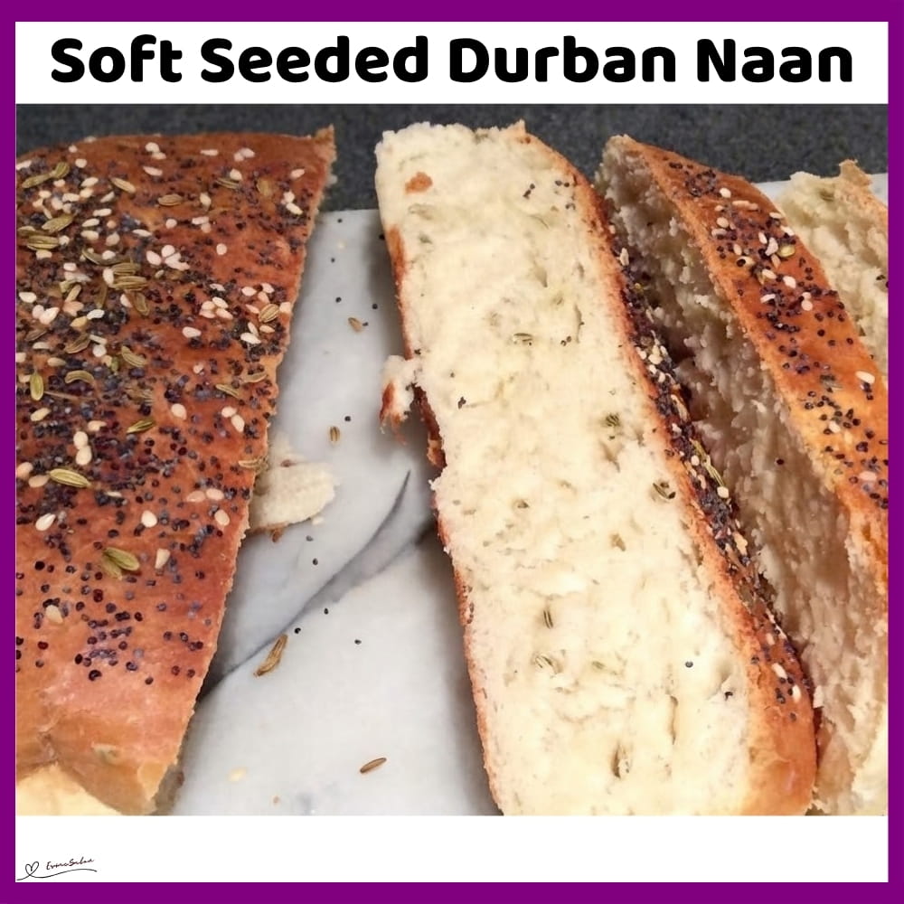An image of 3 soft, poppy, sesame and fennel seed Durban Naan