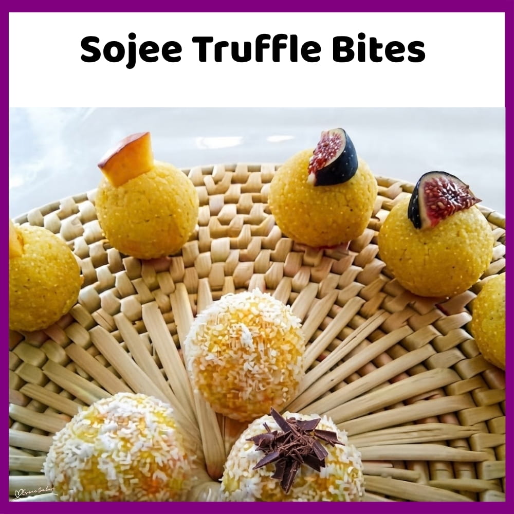 An image of a plate with Sojee Truffle hiding chocolate, fig or mango beneath the soft exterior.