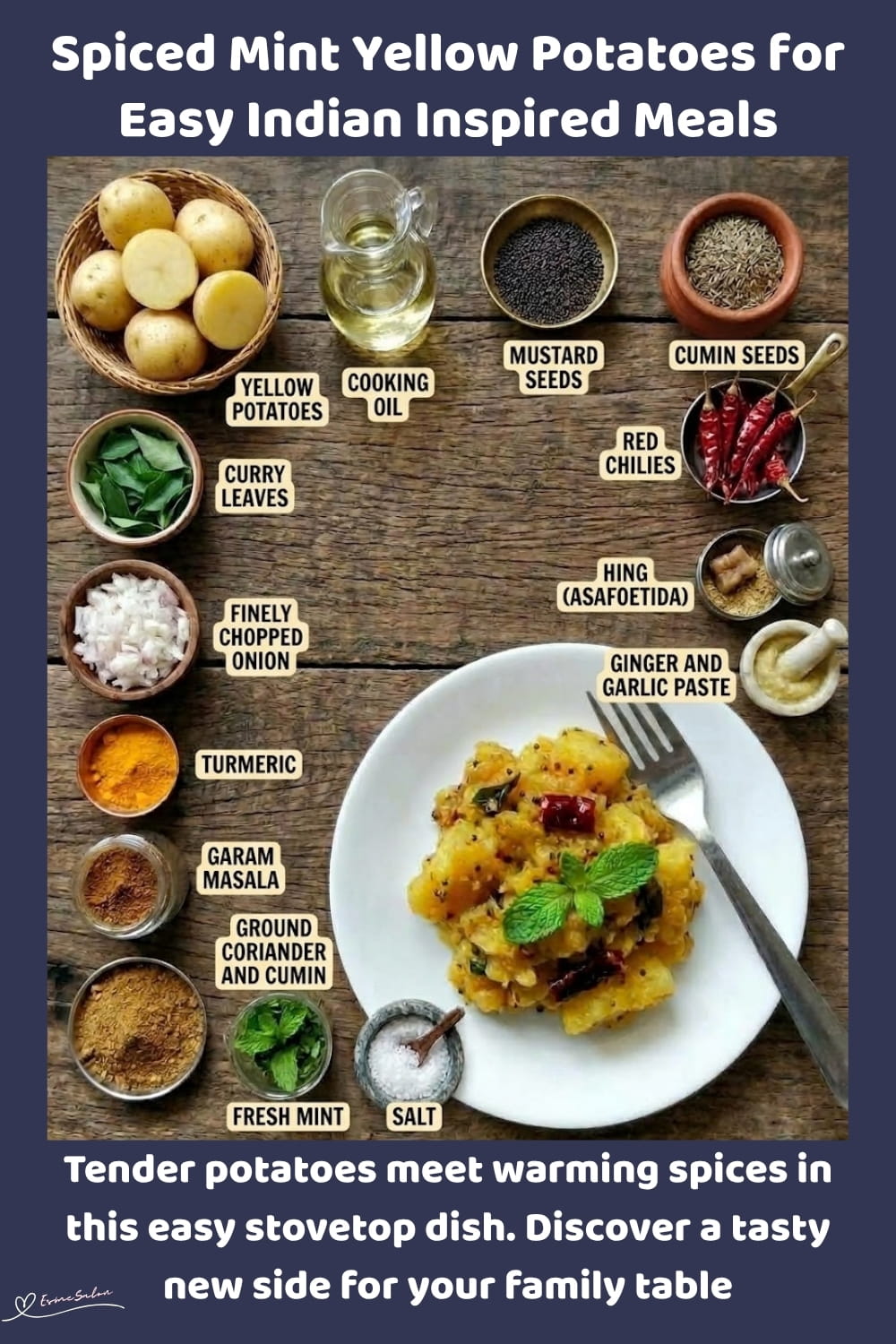 An image of a plate of yellow potatoes with cumin, turmeric and fresh mint