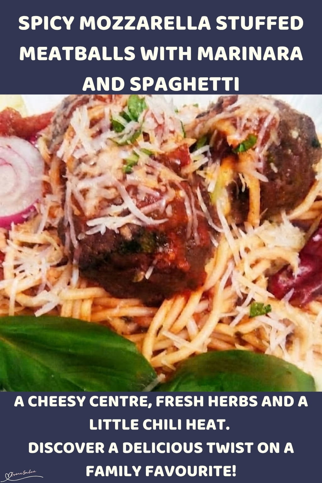 An image of a plate with Meatballs with Marinara and stuffed with Mozzarella