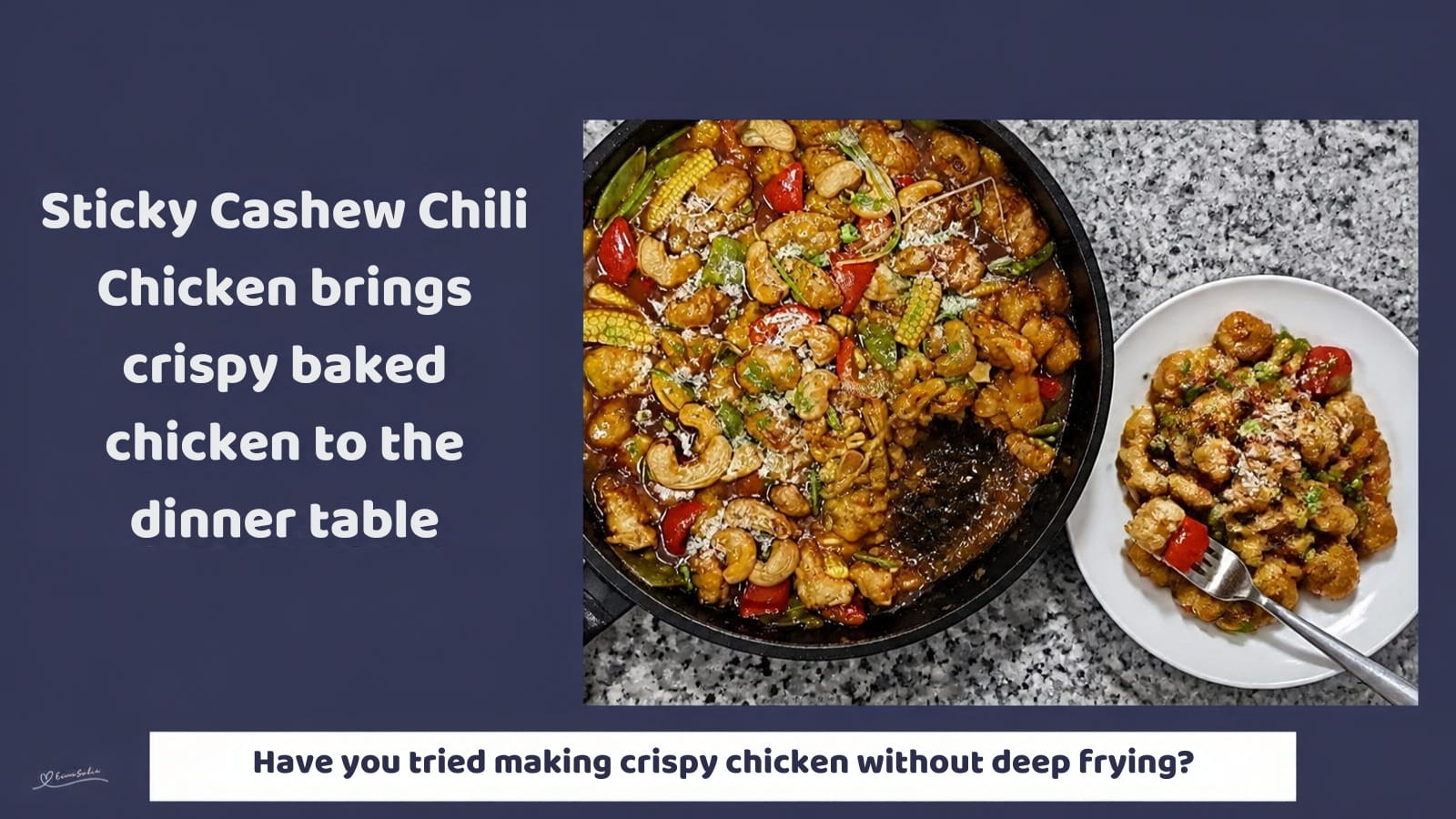 An image of a skillet with Sticky Cashew Chili Chicken Cubes with red peppers, cashew nuts, and Baby corn
