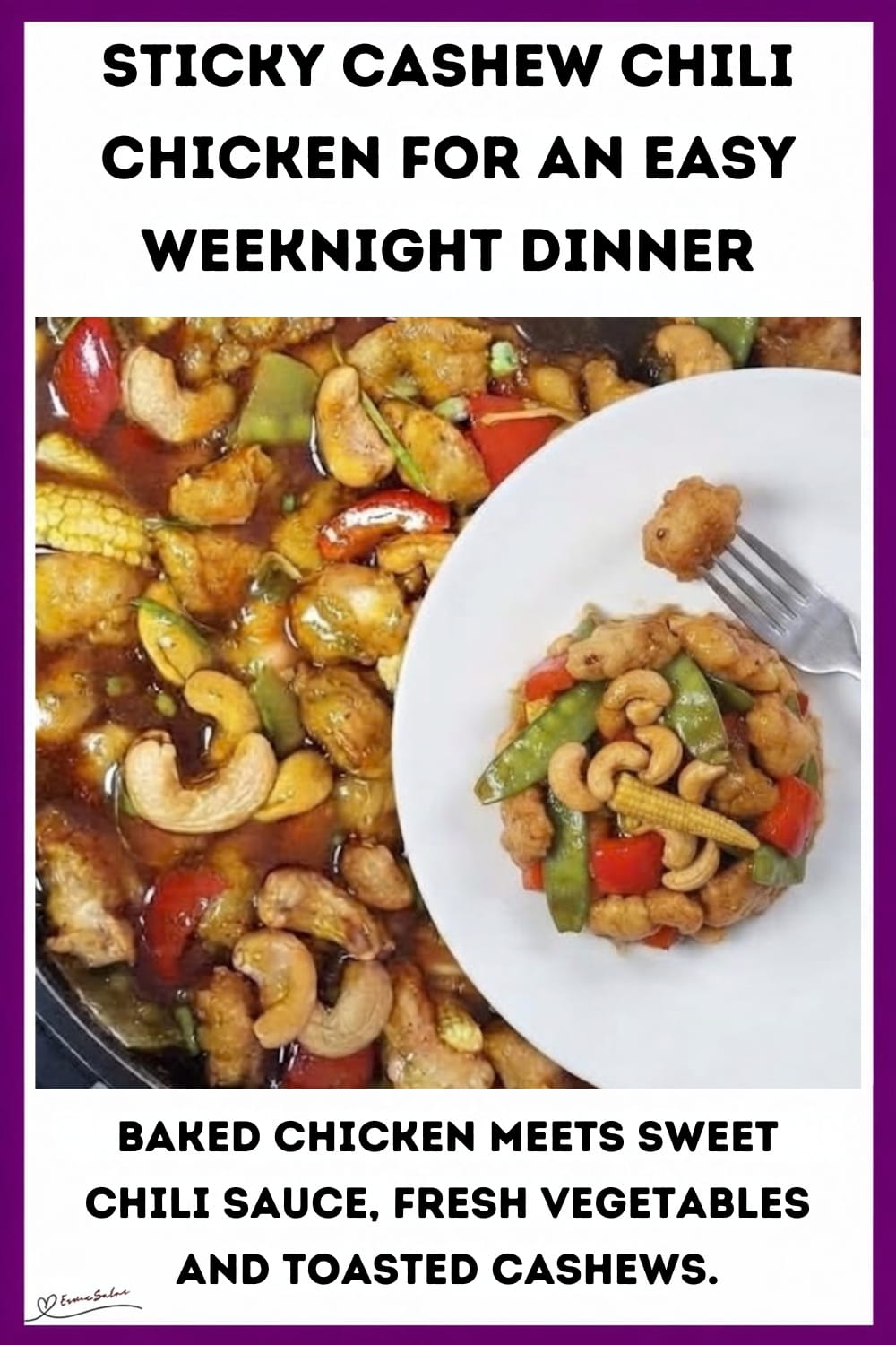 An image of a skillet with Sticky Cashew Chili Chicken Cubes with red peppers, cashew nuts, and Baby corn