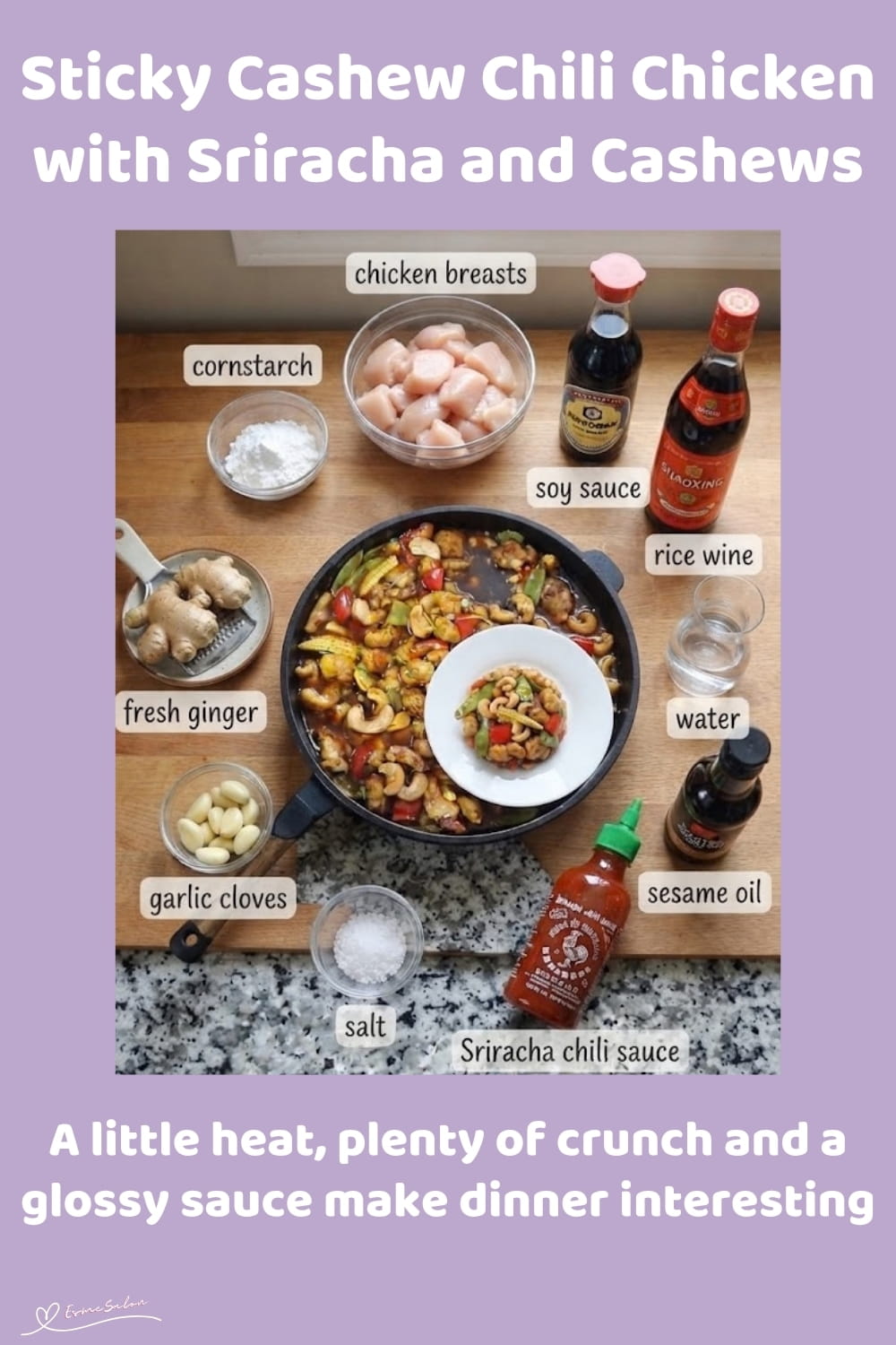 An image of a skillet with Sticky Cashew Chili Chicken Cubes with red peppers, cashew nuts, and Baby corn