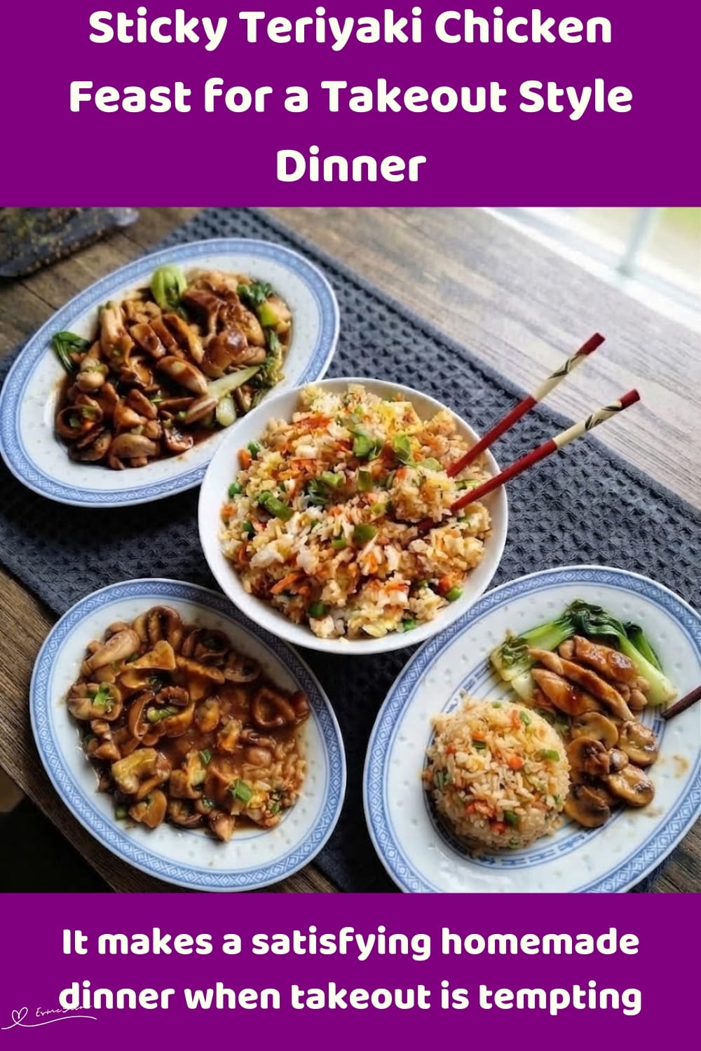 An image of a plate of Sticky Teriyaki Chicken, with Egg Fried Rice and Black Bean Mushrooms