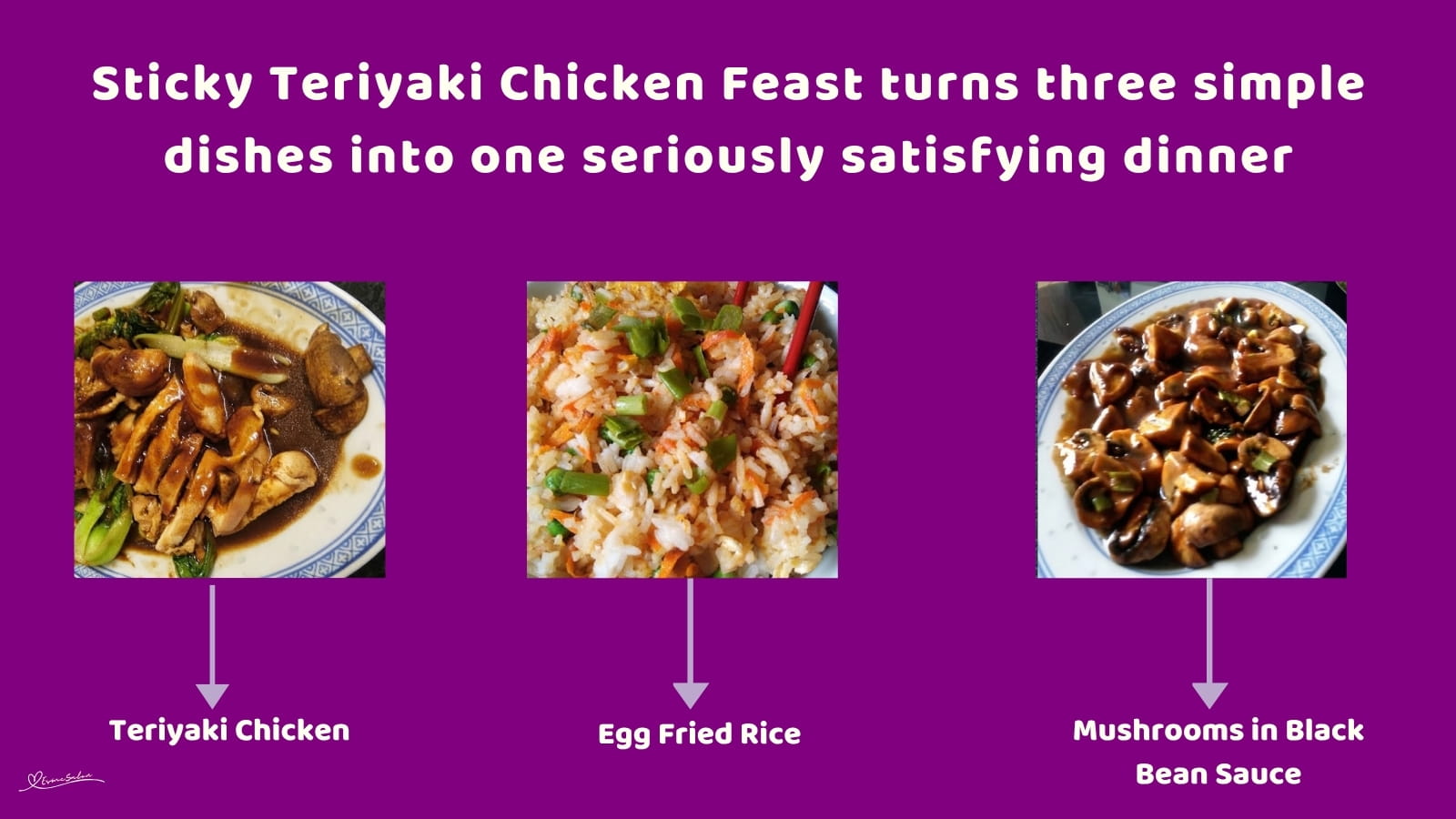 An image of a plate of Sticky Teriyaki Chicken, with Egg Fried Rice and Black Bean Mushrooms