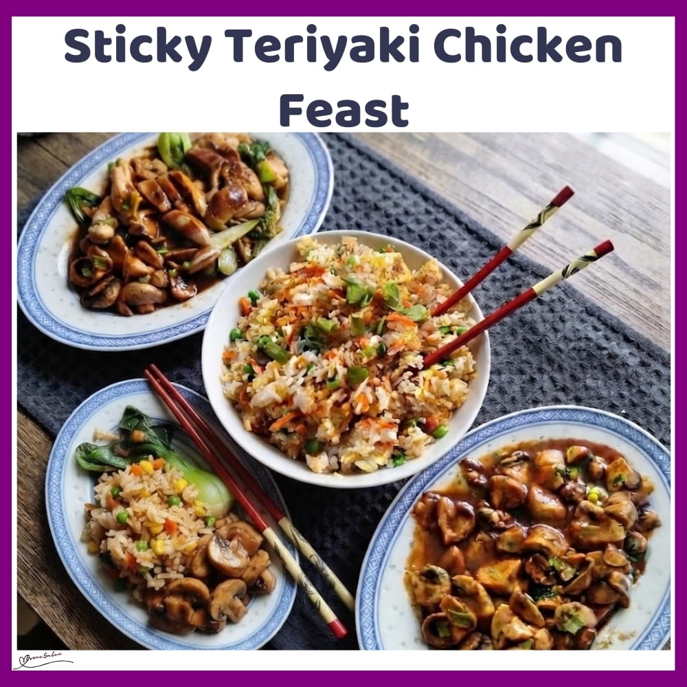 An image of a plate of Sticky Teriyaki Chicken, with Egg Fried Rice and Black Bean Mushrooms