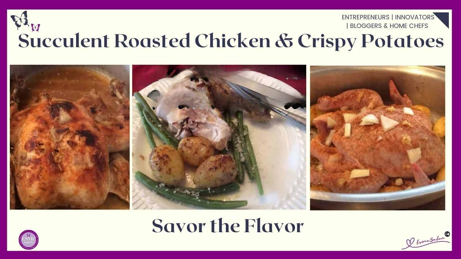 an image of a chicken baked and in a casserole and a portion served with roasted potatoes and green beans