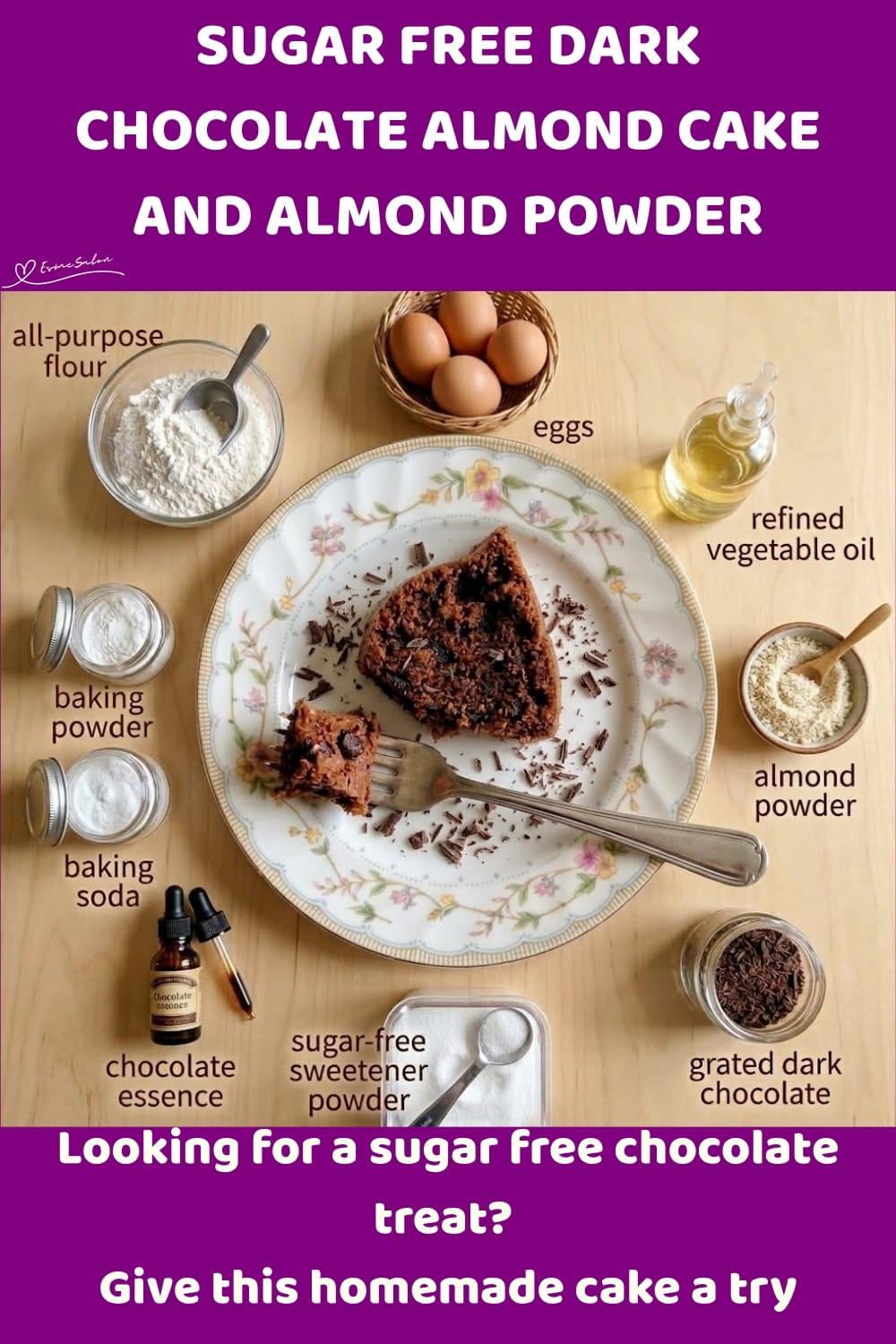 An image of a plate with a Bundt-shaped Sugar-Free Dark Chocolate Almond Powder Cake