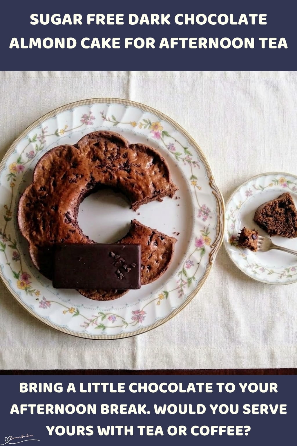 An image of a plate with a Bundt-shaped Sugar-Free Dark Chocolate Almond Powder Cake