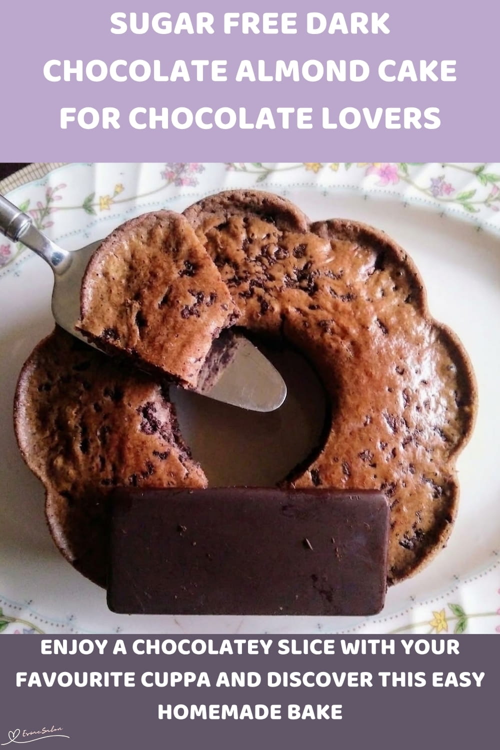 An image of a plate with a Bundt-shaped Sugar-Free Dark Chocolate Almond Powder Cake