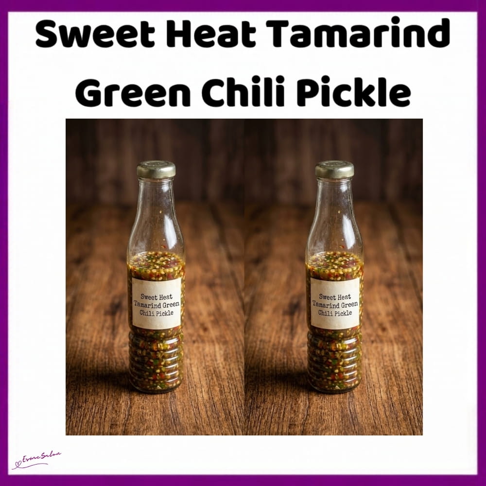 An image of a white dish with Sweet Heat Tamarind Green Chili Pickle with whole mustard seeds