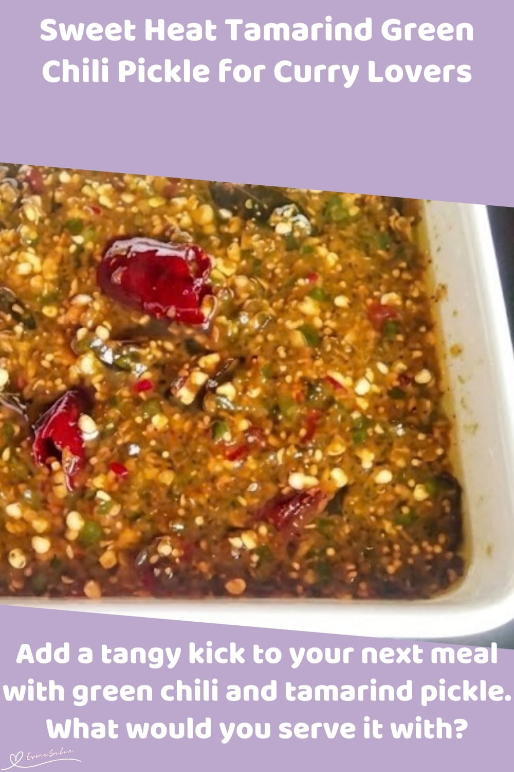 An image of a white dish with Sweet Heat Tamarind Green Chili Pickle with whole mustard seeds
