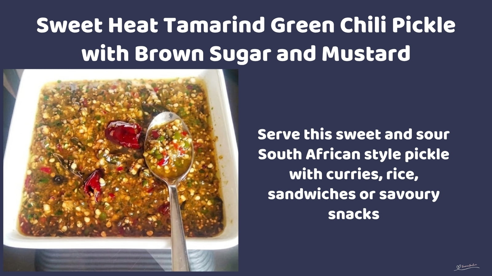An image of a white dish with Sweet Heat Tamarind Green Chili Pickle with whole mustard seeds