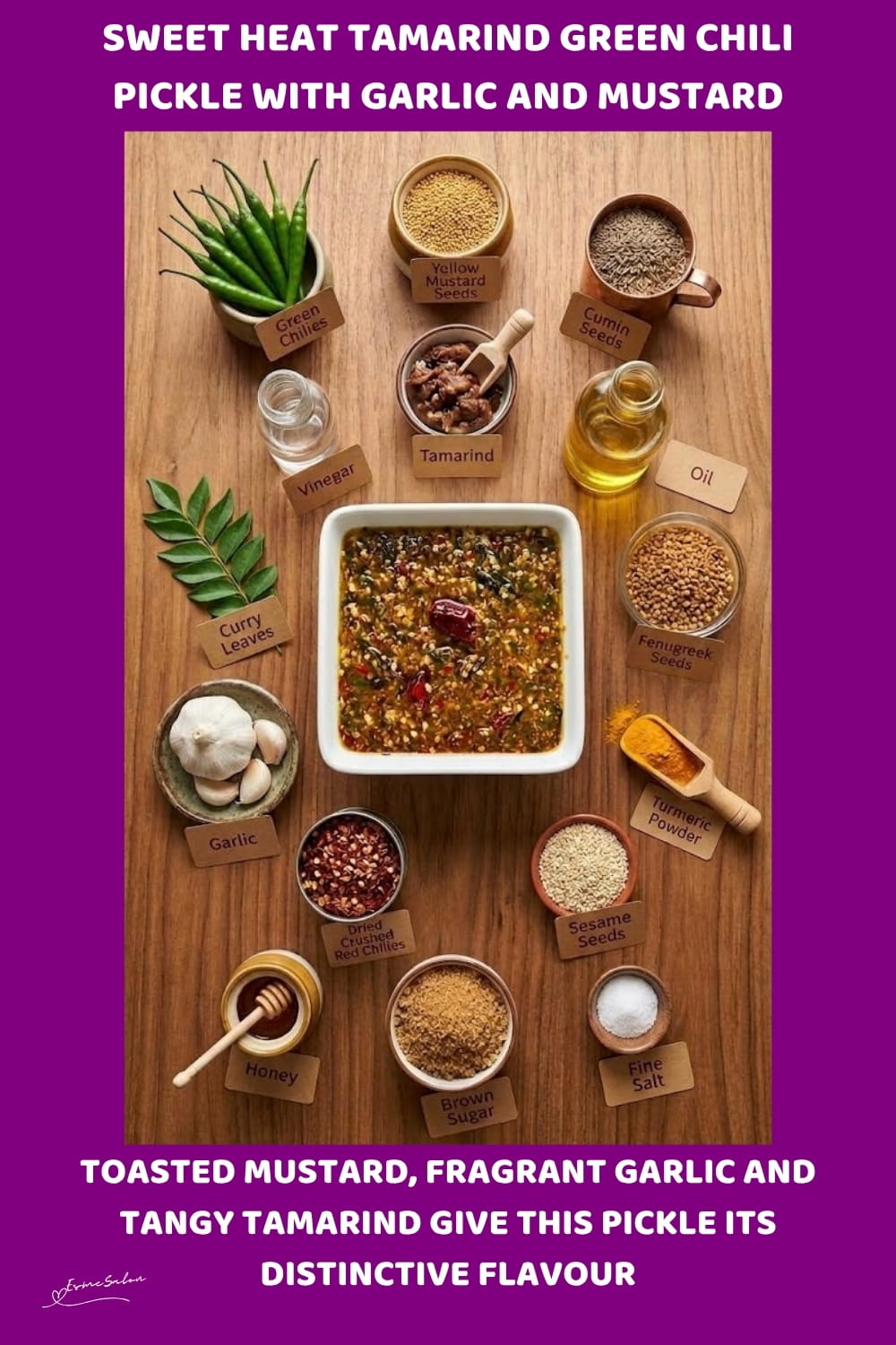 An image of a white dish with Sweet Heat Tamarind Green Chili Pickle with whole mustard seeds