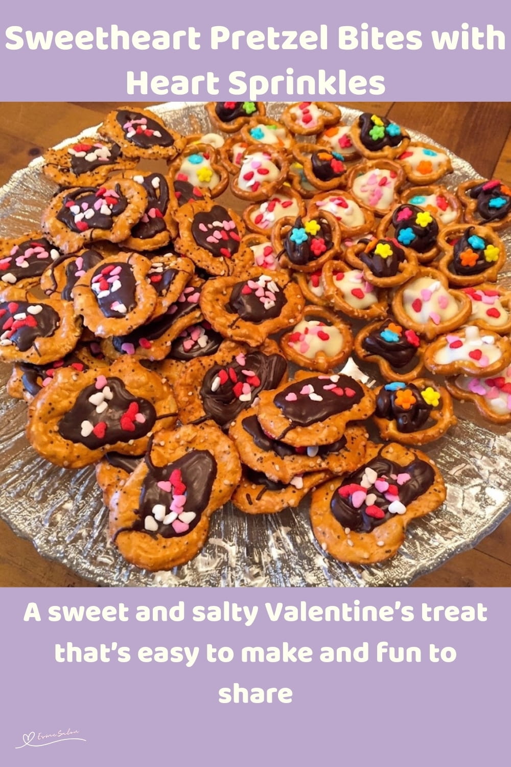 An image of a plate of Sweet and Salty Pretzel Bites with white and brown chocolate and sprinkles