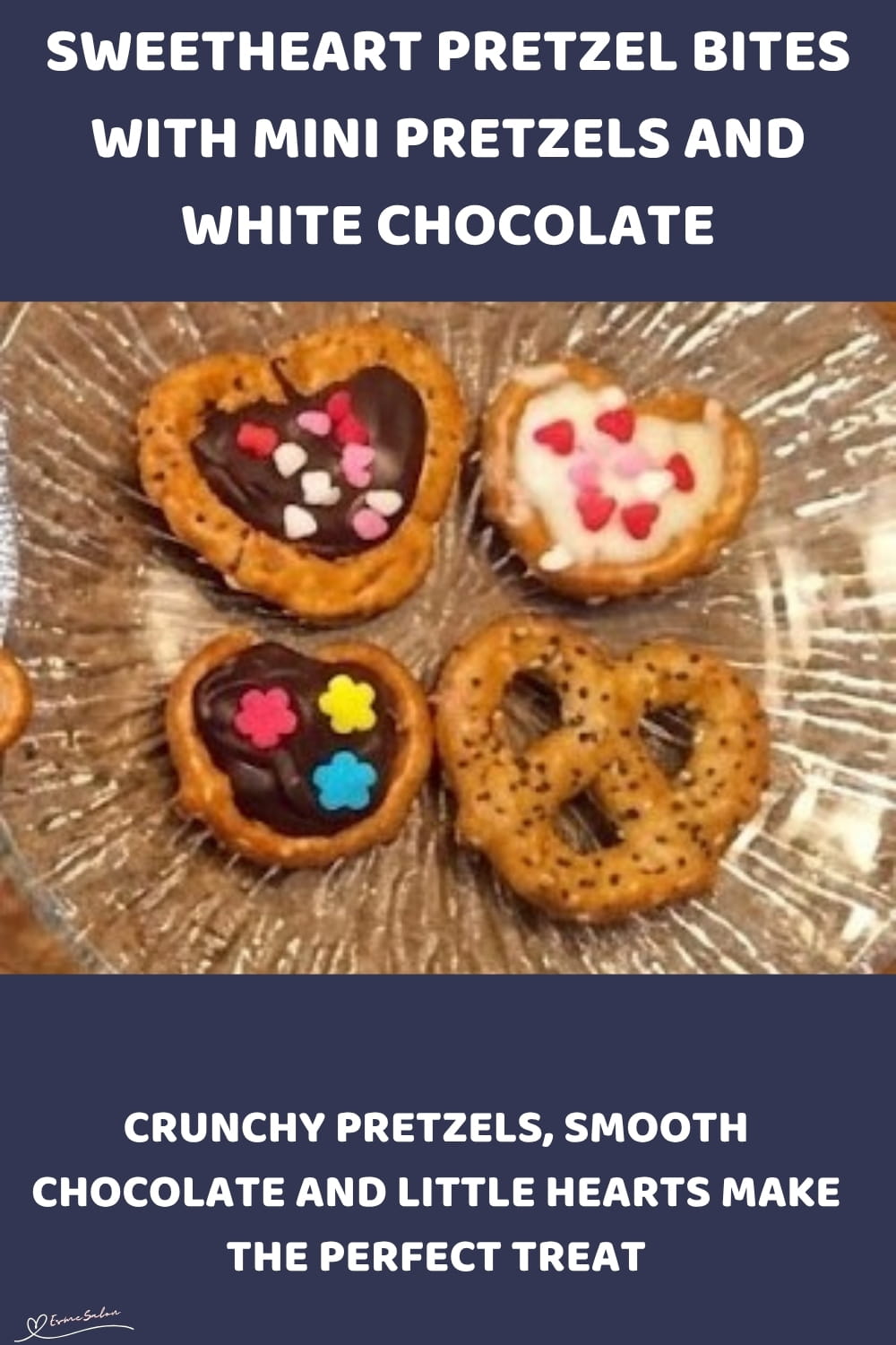 An image of a plate of Sweet and Salty Pretzel Bites with white and brown chocolate and sprinkles