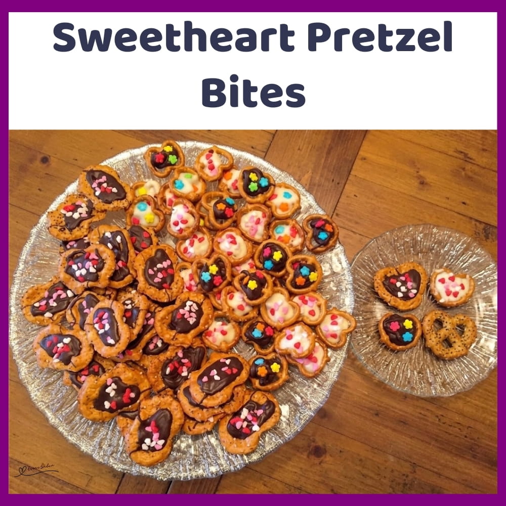 An image of a plate of Sweet and Salty Pretzel Bites with white and brown chocolate and sprinkles