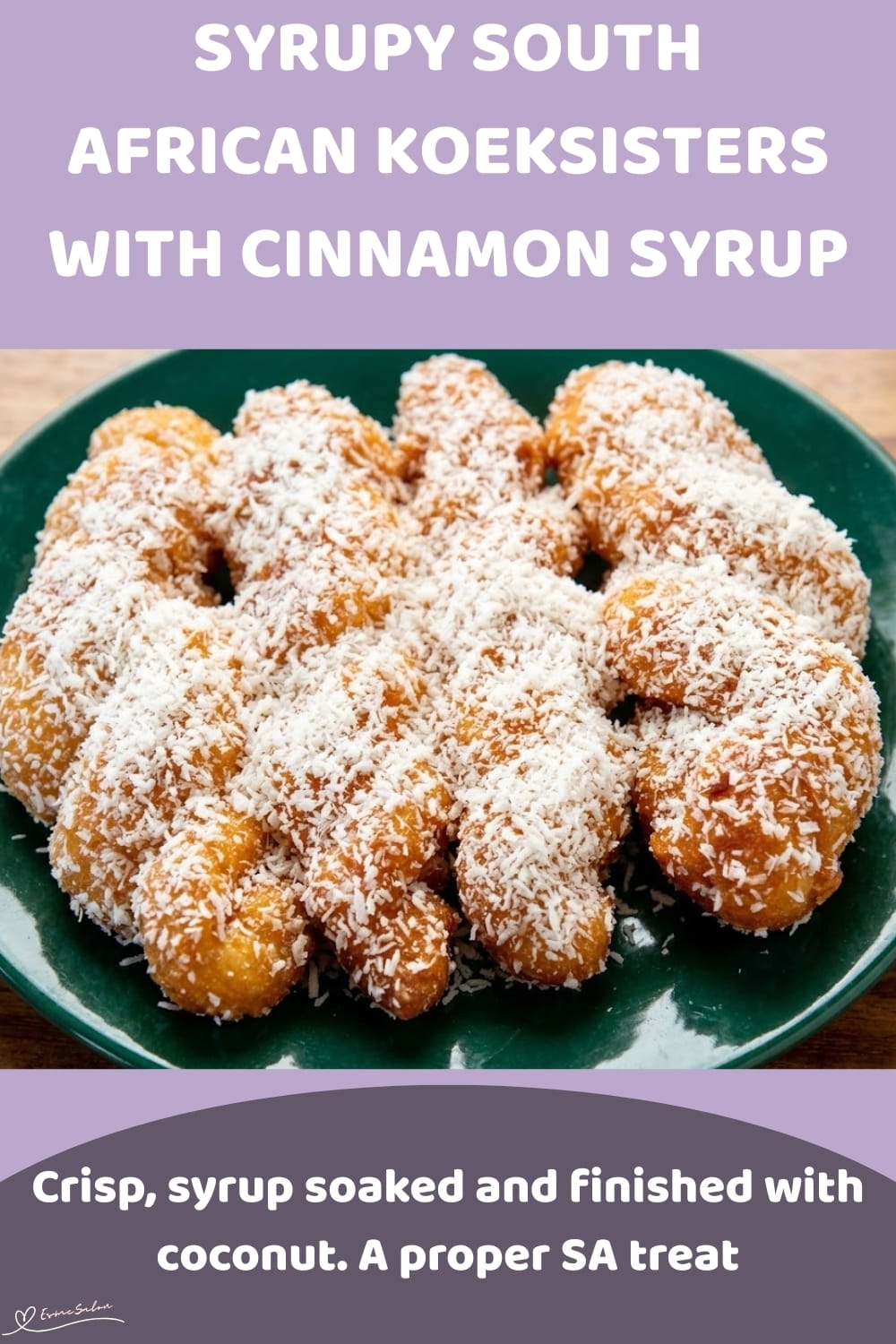 An image of a plate with Syrupy South African Koeksisters, Crisp plaited dough soaked in cinnamon syrup and finished with coconut