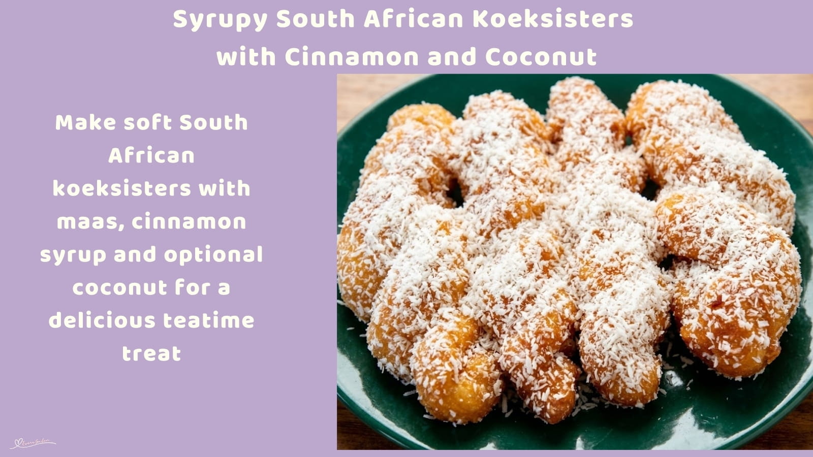 An image of a plate with Syrupy South African Koeksisters, Crisp plaited dough soaked in cinnamon syrup and finished with coconut