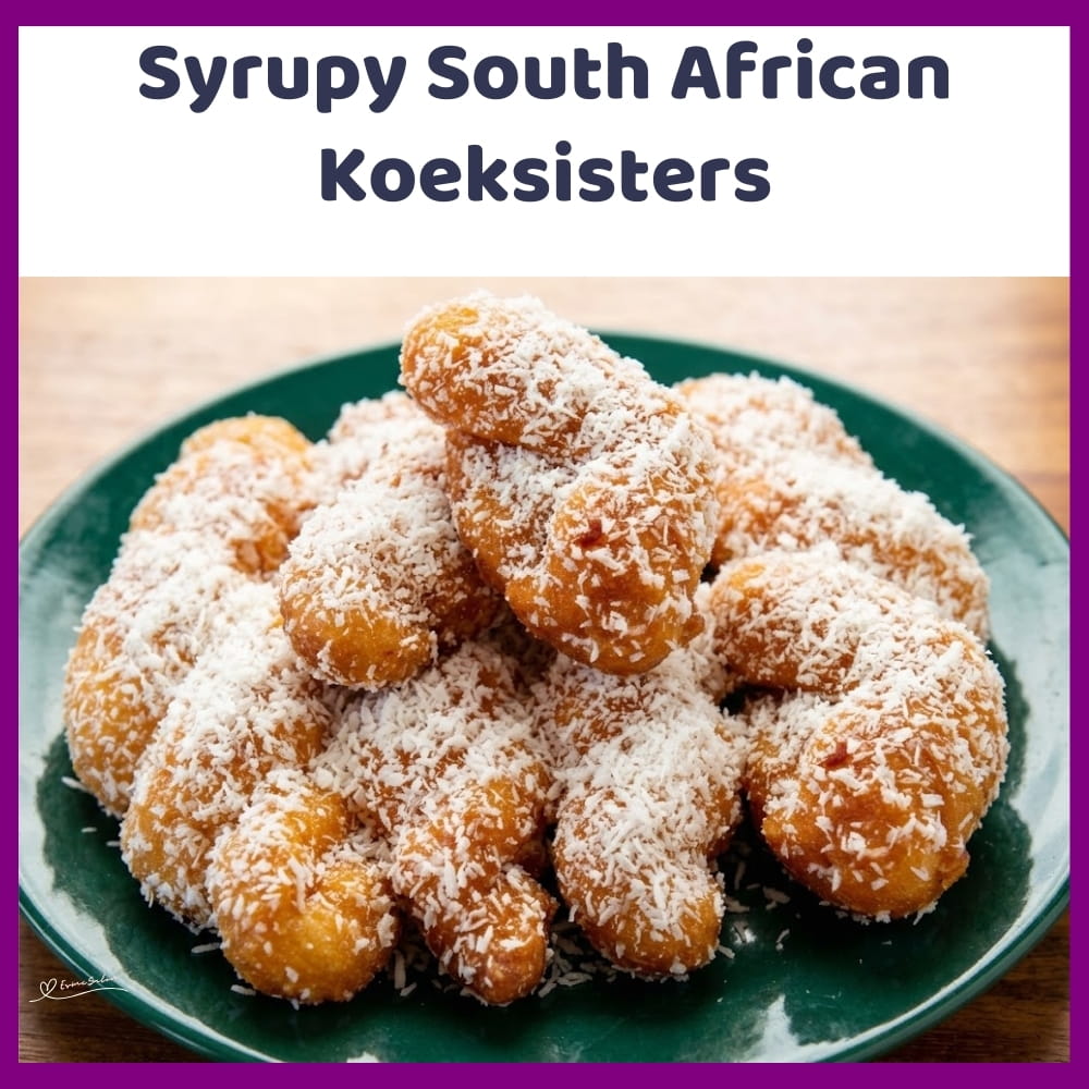 An image of a plate with Syrupy South African Koeksisters, Crisp plaited dough soaked in cinnamon syrup and finished with coconut