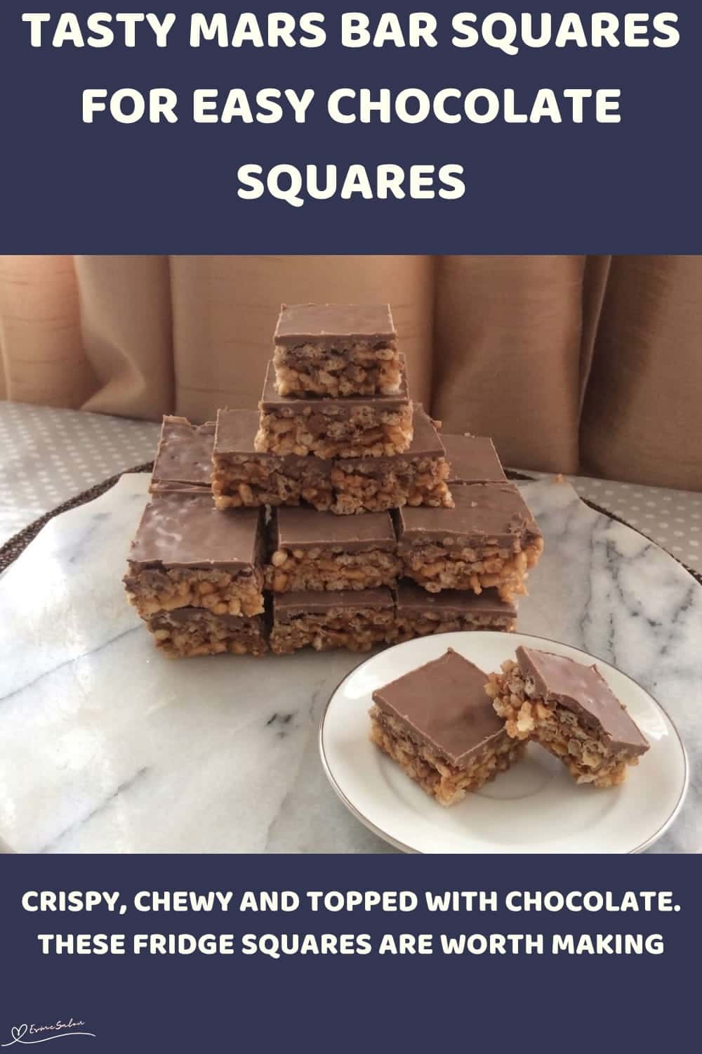 An image of a plate with Mars Bar Crunch Squares with Rice Krispies, Mars Bars, butter, and golden syrup