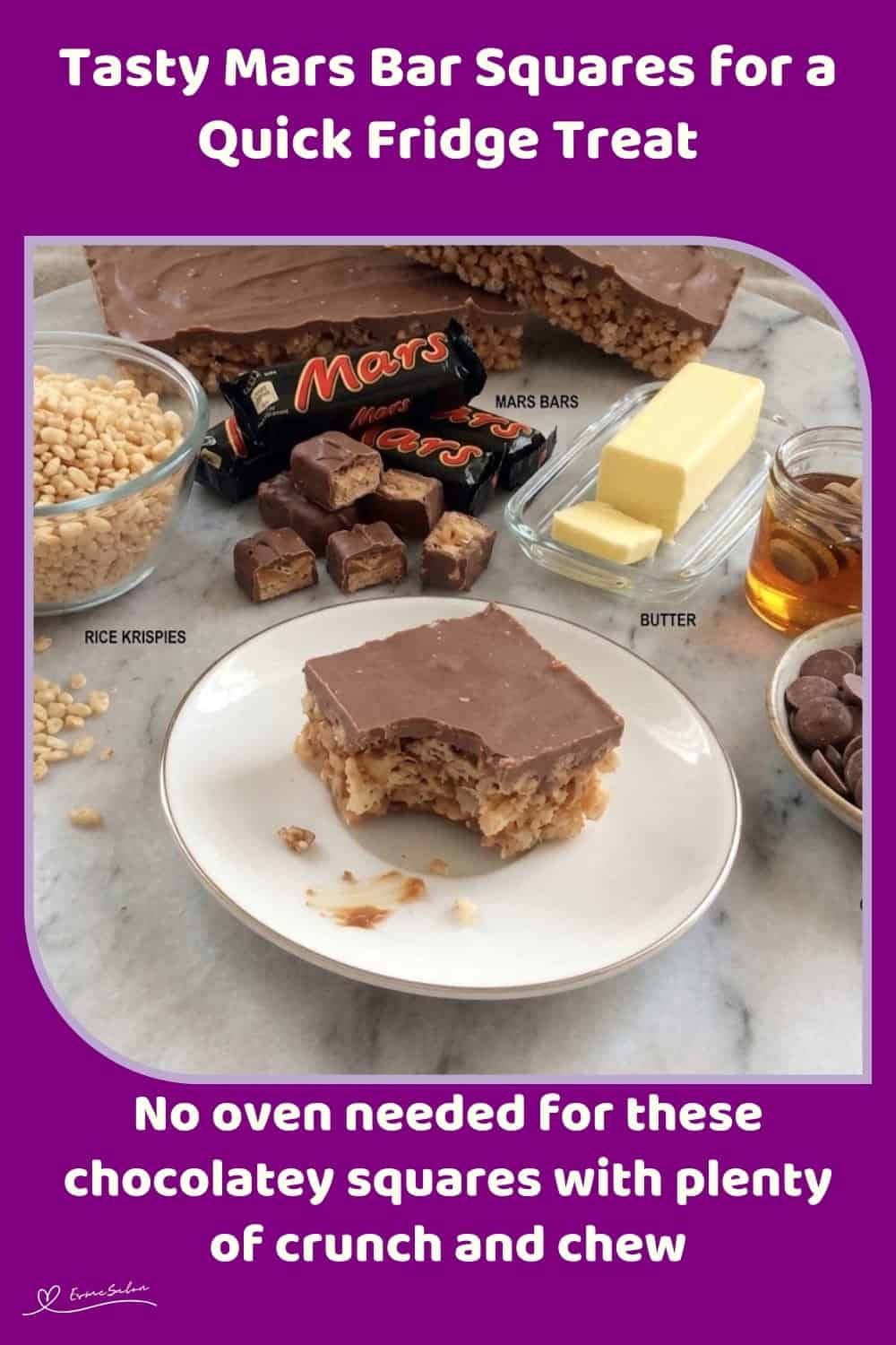 An image of a plate with Mars Bar Crunch Squares with Rice Krispies, Mars Bars, butter, and golden syrup