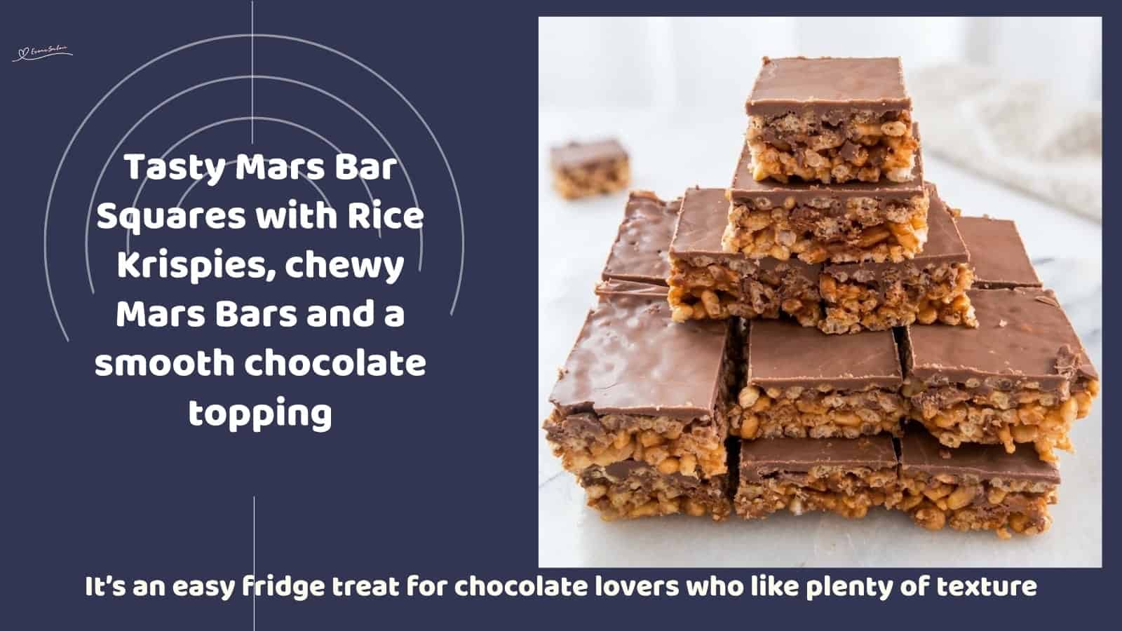 An image of a plate with Mars Bar Crunch Squares with Rice Krispies, Mars Bars, butter, and golden syrup