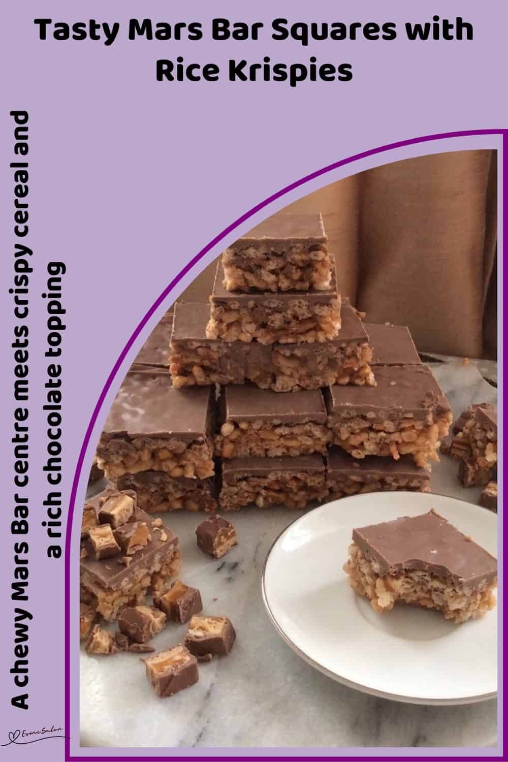 An image of a plate with Mars Bar Crunch Squares with Rice Krispies, Mars Bars, butter, and golden syrup