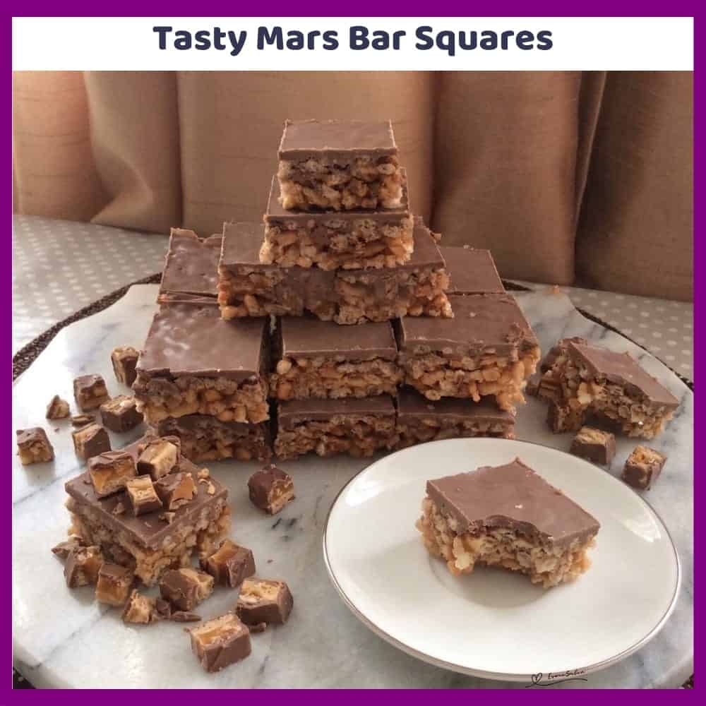 An image of a plate with Mars Bar Crunch Squares with Rice Krispies, Mars Bars, butter, and golden syrup