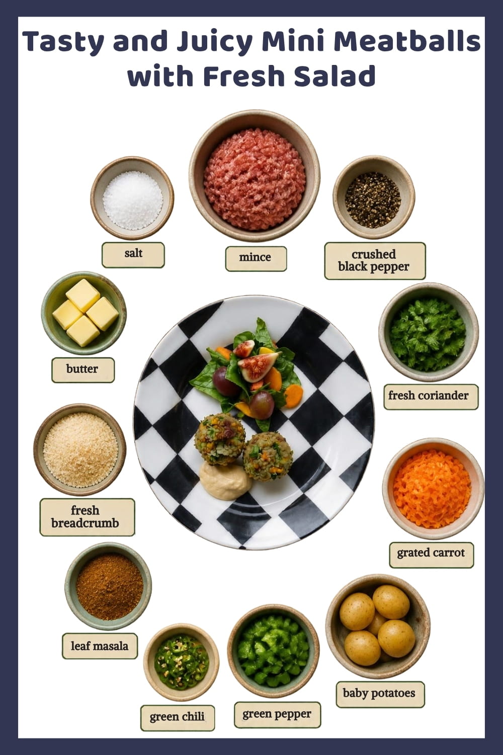 An image of a plate with Mini Meatballs with coriander, a touch of chili and a fresh Salad