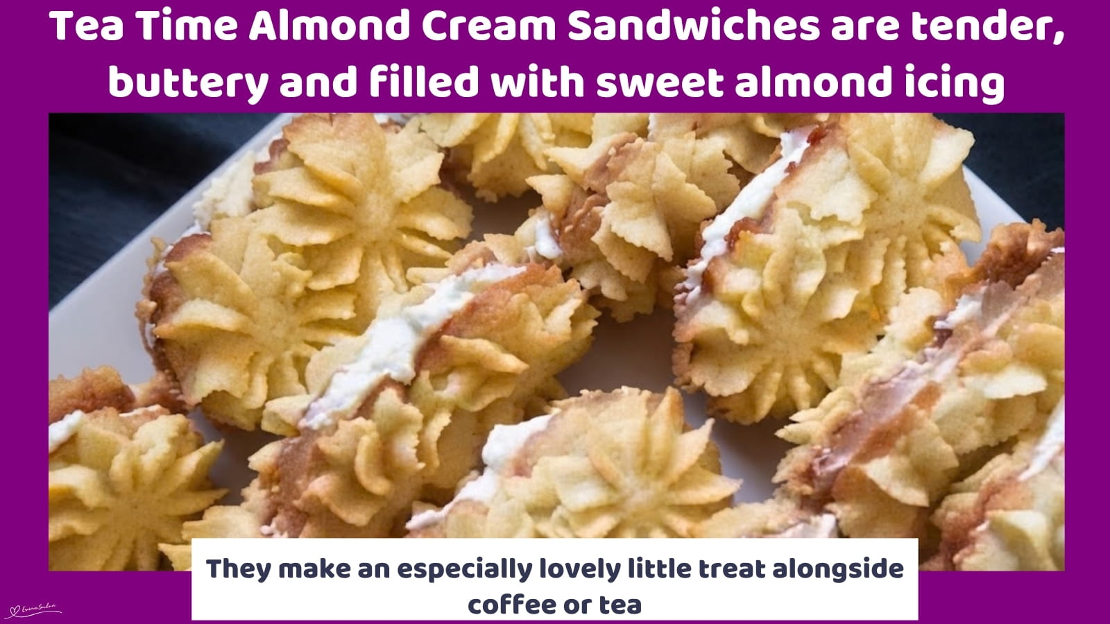 An image of a tray filled with Almond Cream Sandwiches with almond icing cream filling