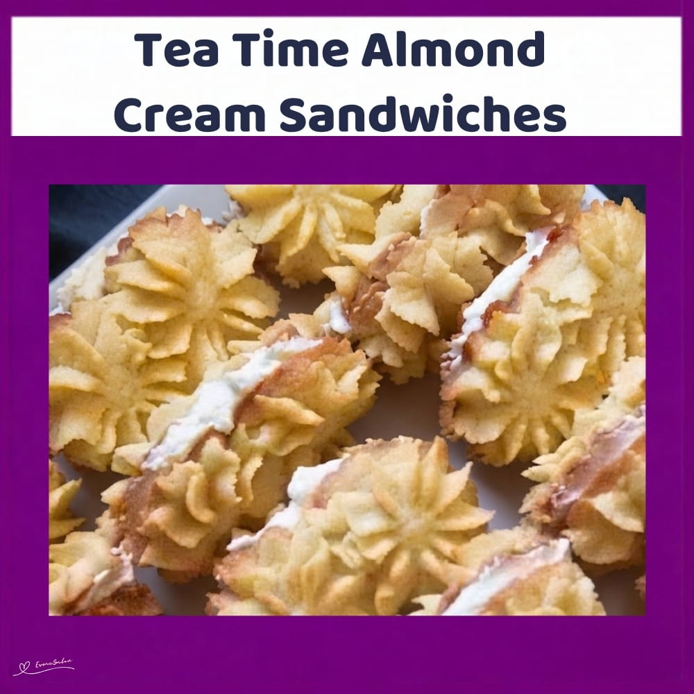 An image of a tray filled with Almond Cream Sandwiches with almond icing cream filling