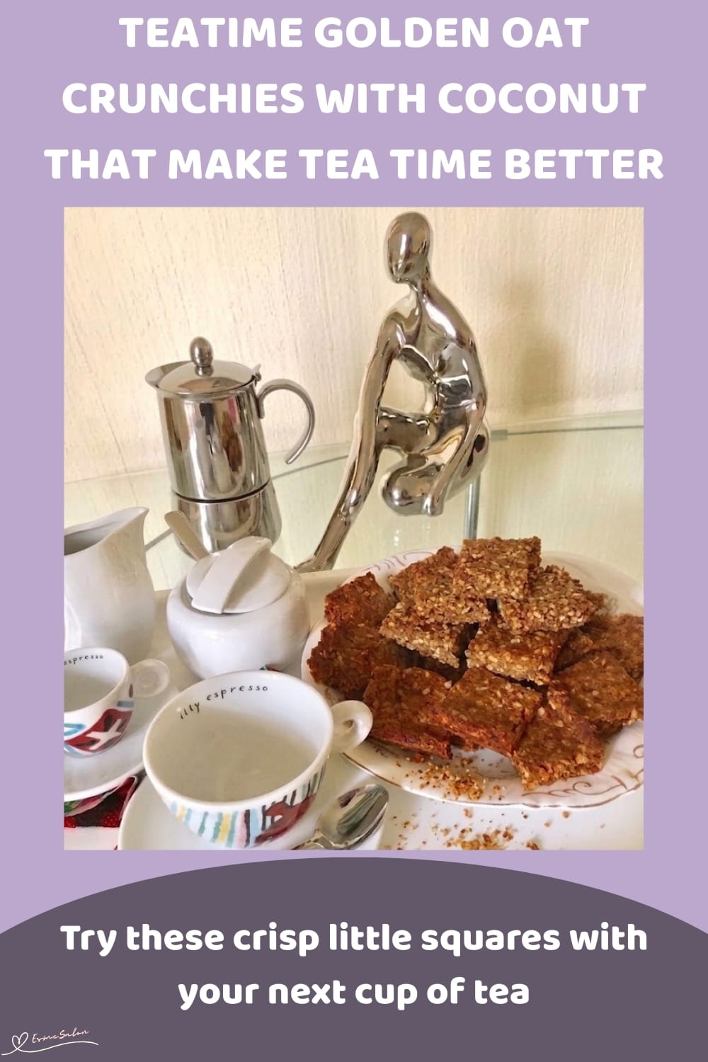 An image of a plate of Teatime Golden Oat Crunchies set out with cups for tea