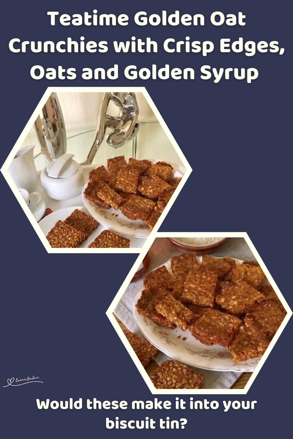 An image of a plate of Teatime Golden Oat Crunchies set out with cups for tea