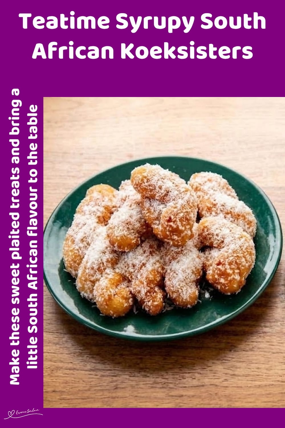 An image of a plate with Syrupy South African Koeksisters, Crisp plaited dough soaked in cinnamon syrup and finished with coconut