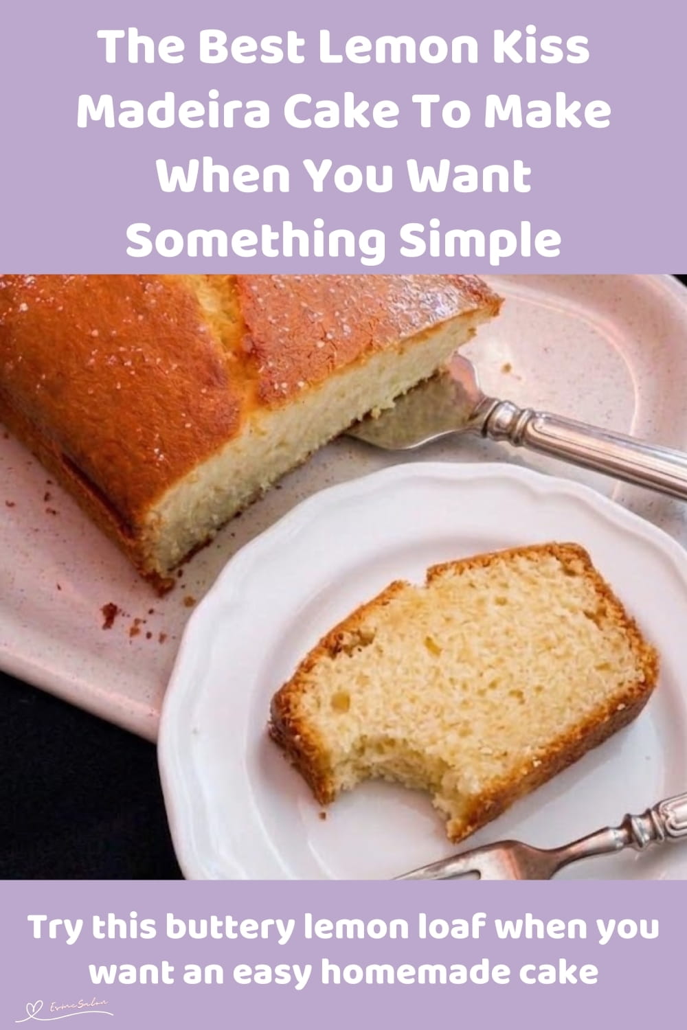 An image of a plate with a Madeira cake with lemon rind and light icing sugar dusting