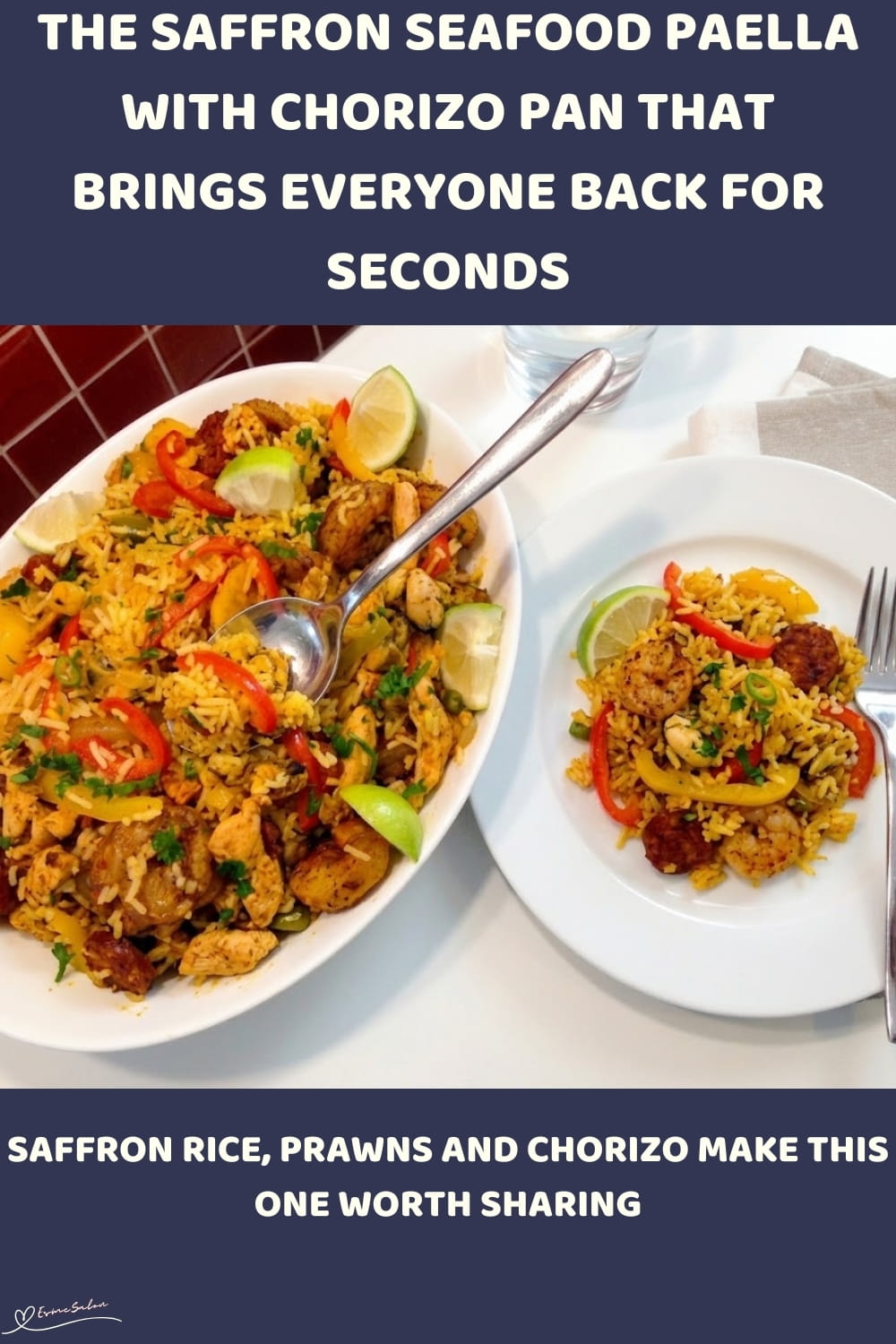 An image of a plate of Seafood Paella and Chorizo with prawns, mussels, chicken, smoky chorizo, peppers and saffron rice