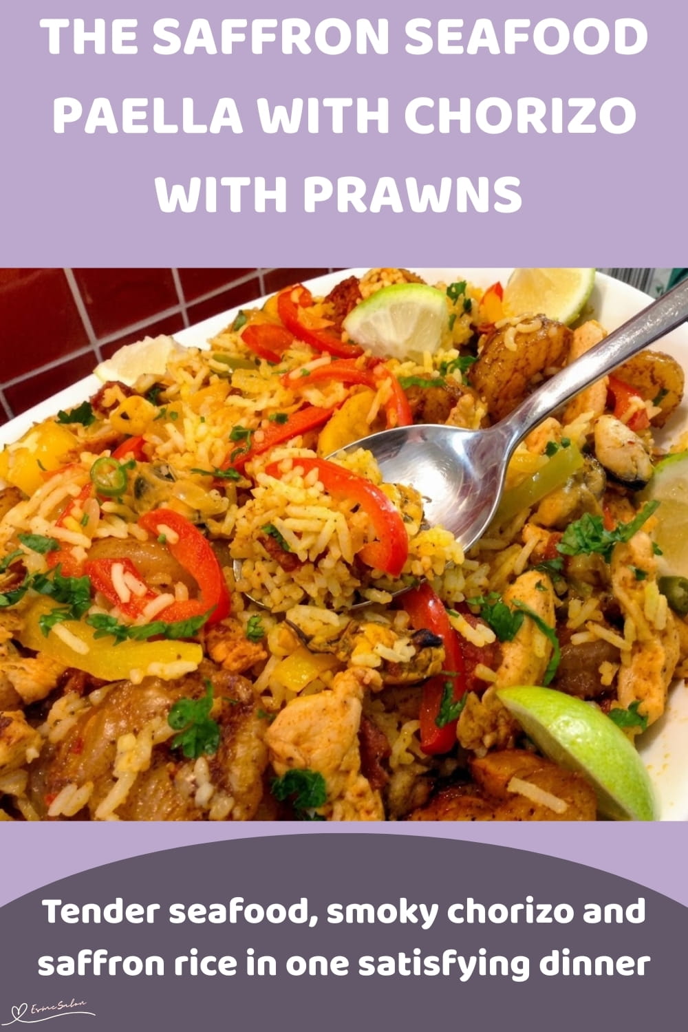 An image of a plate of Seafood Paella and Chorizo with prawns, mussels, chicken, smoky chorizo, peppers and saffron rice