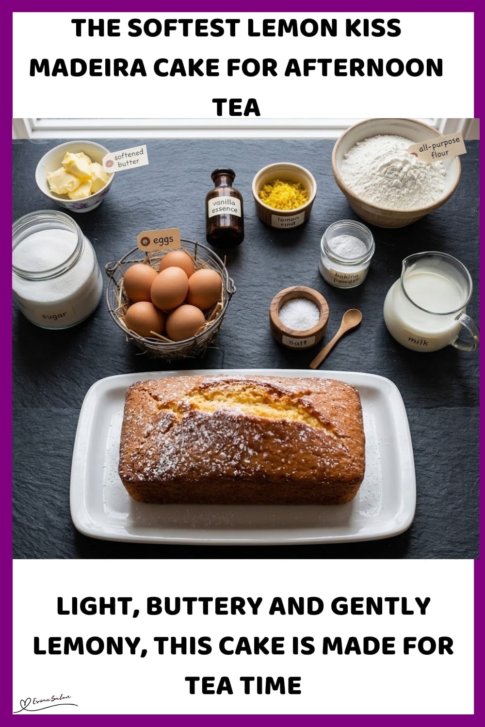 An image of a plate with a Madeira cake with lemon rind and light icing sugar dusting