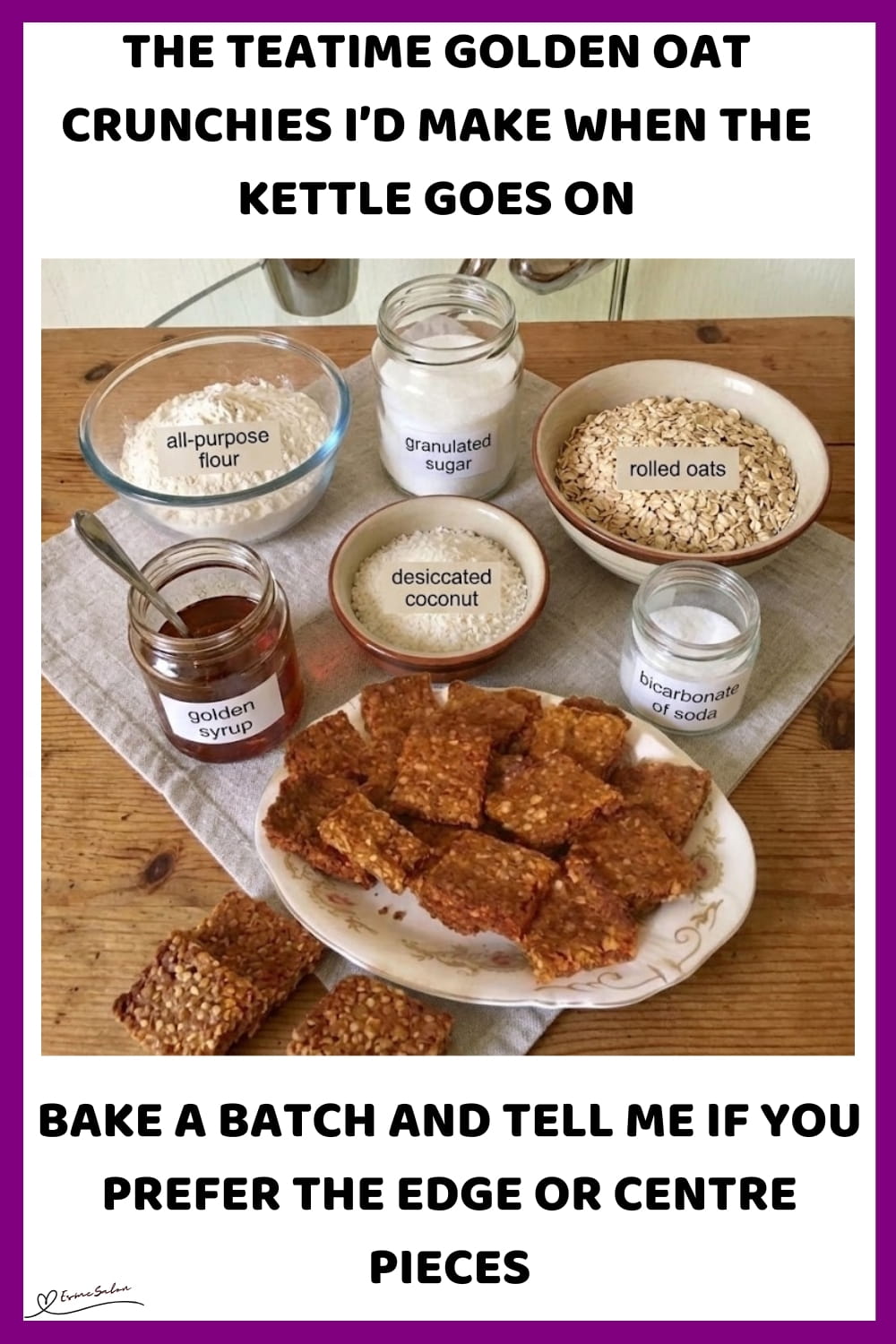 An image of a plate of Teatime Golden Oat Crunchies set out with cups for tea
