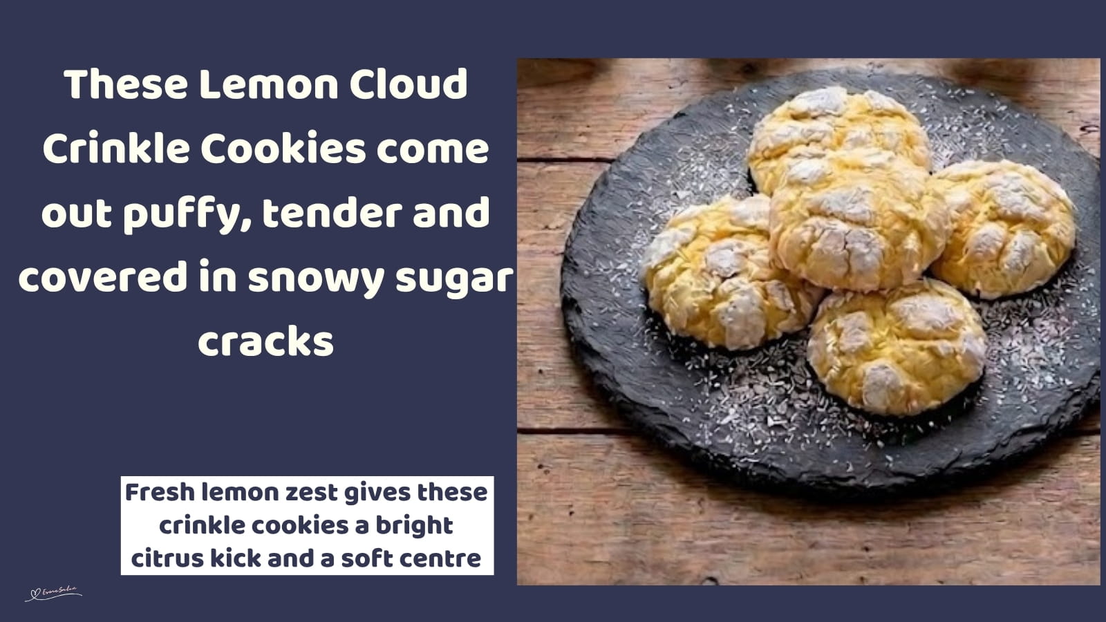 An image of a platter of Lemon Cloud Crinkle Cookies with confectioners' sugar tops