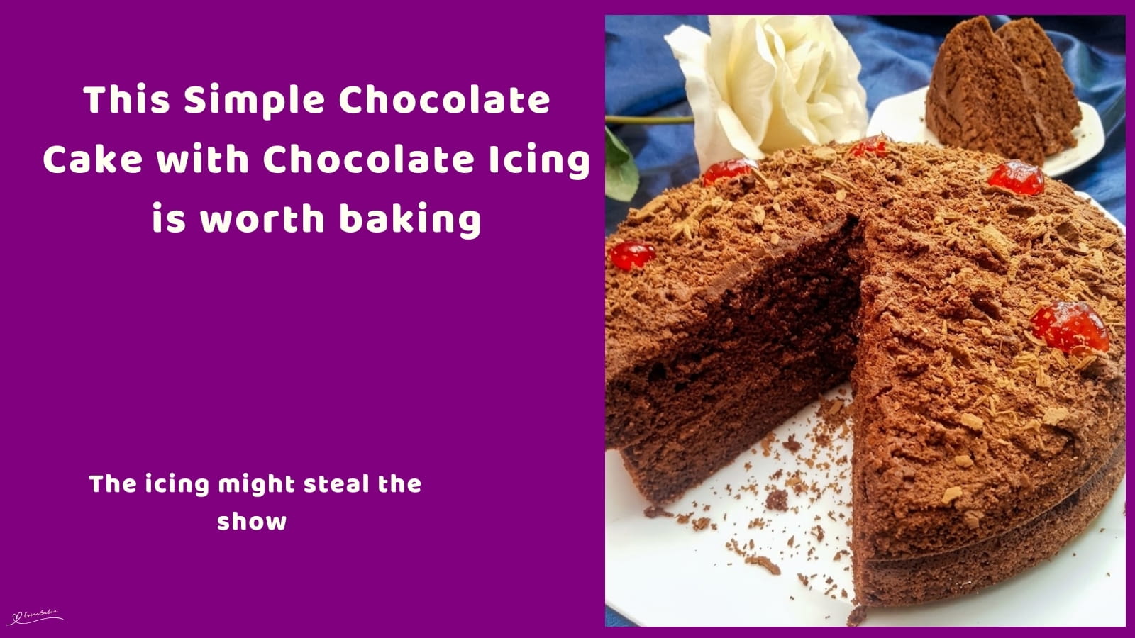 An image of a round Chocolate Cake with chocolate icing, flakes, and cherries